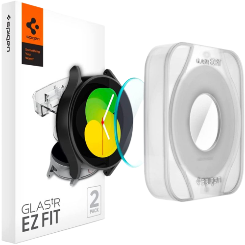 A render showing the Spigen GlasTR EZ Fit for Galaxy Watch 5 in its retail packaging.