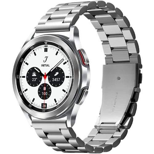 A render showing the Spigen metallic band in silver for Galaxy Watch 5.