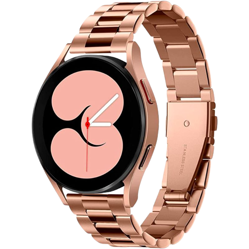 A render of the Spigen Modern fit metal band for Galaxy Watch 4 in rose gold color.