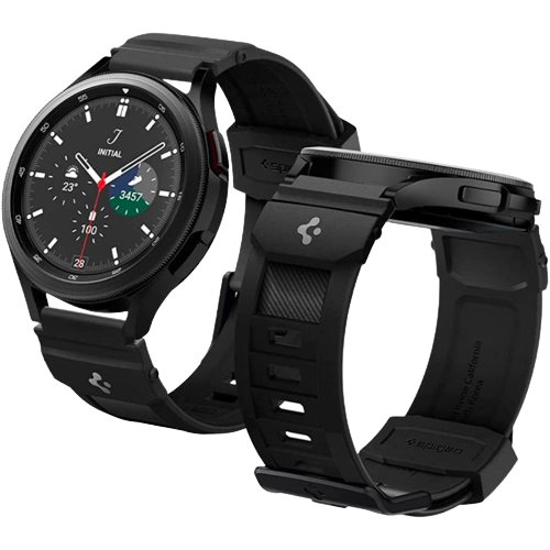 A render showing a black-colored Spigen rugged band for the Galaxy Watch 5.