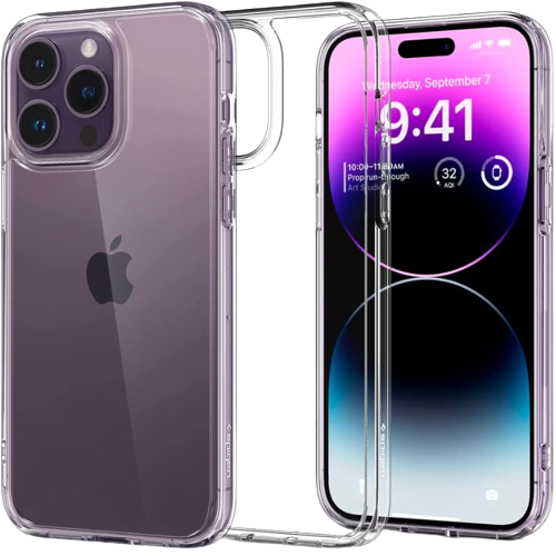 Una representación que muestra la funda transparente Spigen Ultra Hybrid instalada en un iPhone 14 Pro.