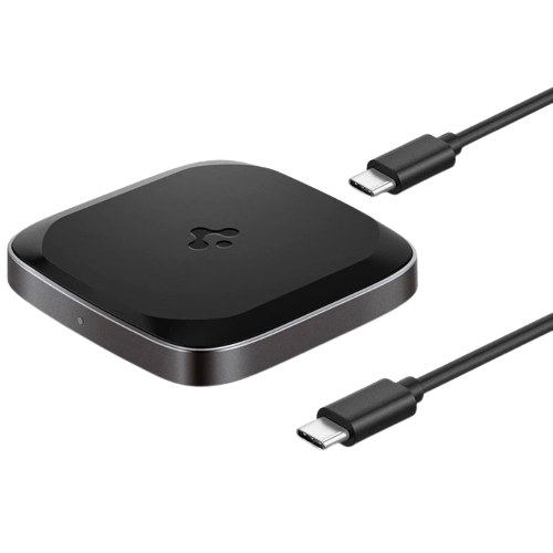 A render of the Spigen wireless charger with gray-colored frame and a black top next to a USB-C cable.