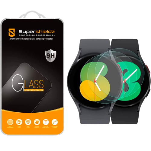 A render showing the retail box of SuperShieldz tempered glass screen protector next to a couple of Galaxy Watch 5 units.