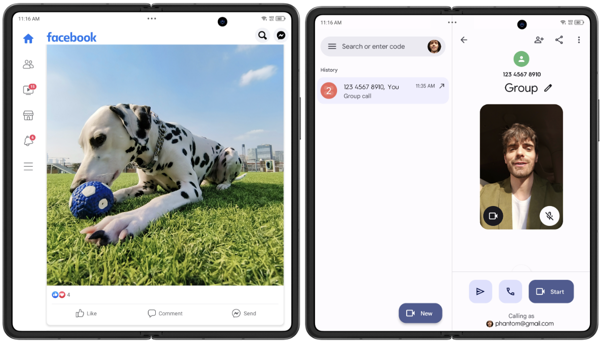 Aplicaciones que se están demostrando en el TECNO PHANTOM V Fold, una imagen muestra a Facebook con una imagen grande de un perro y la otra muestra el teléfono con una videollamada en curso  