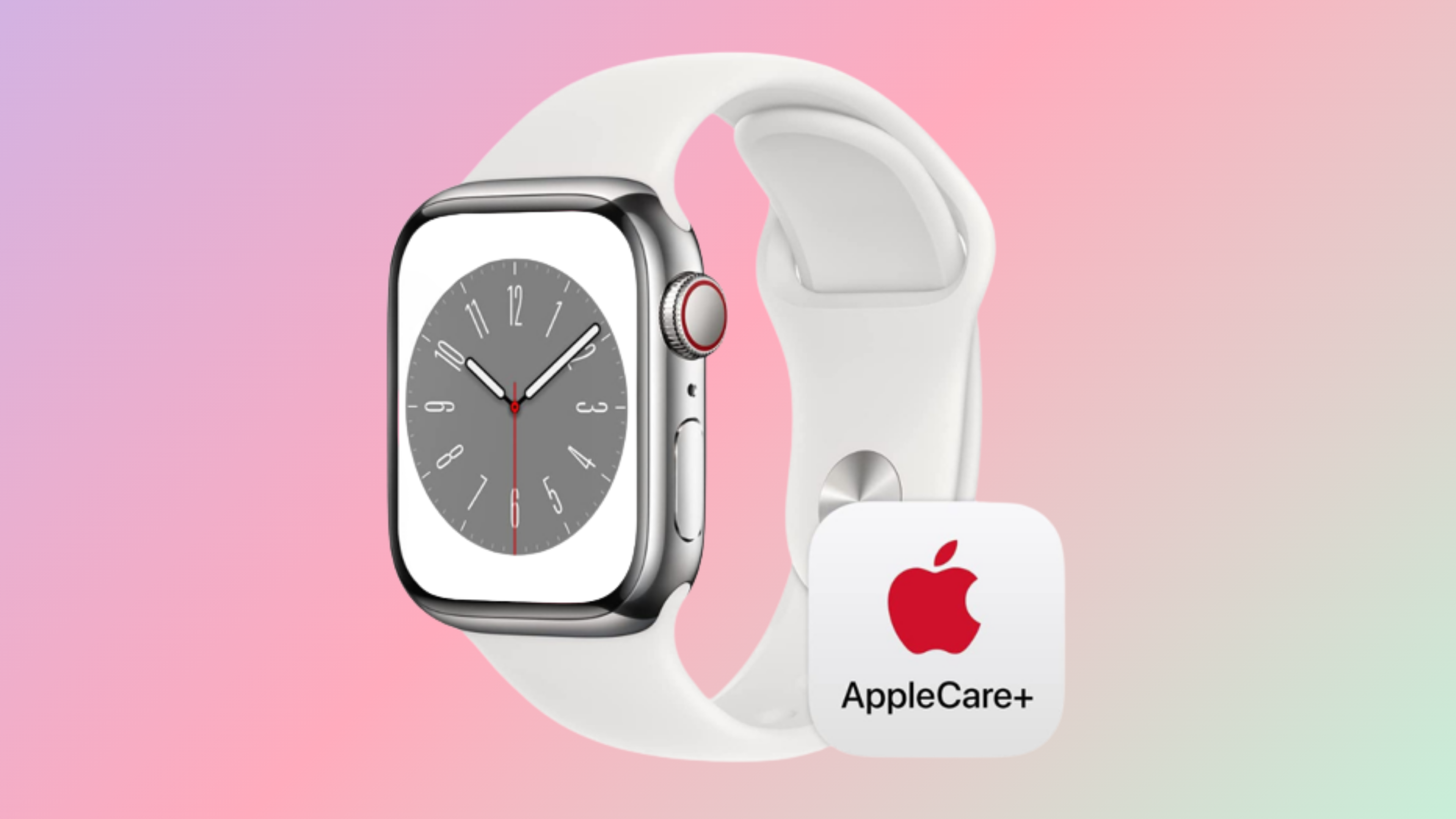 Apple Watch Series 8 Stainless Steel with AppleCare+ logo on gradient background