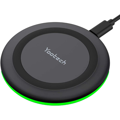 A render showing the Yootech wireless charger with green-colored LED light at the bottom.
