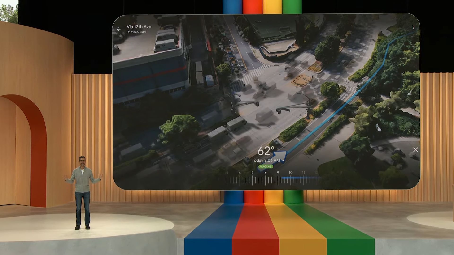 Google CEO Sundar Pichai showing off Google Maps Immersive View with routes on stage at Google I/O 2023