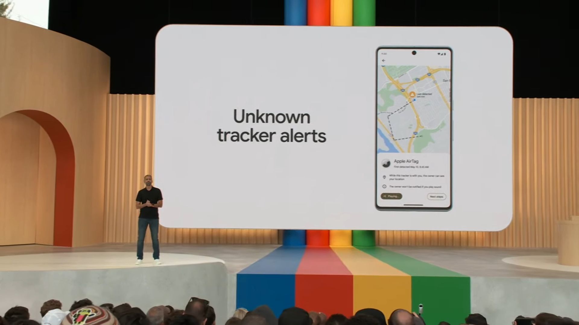 Unknown tracker alerts on stage at Google I/O 2023