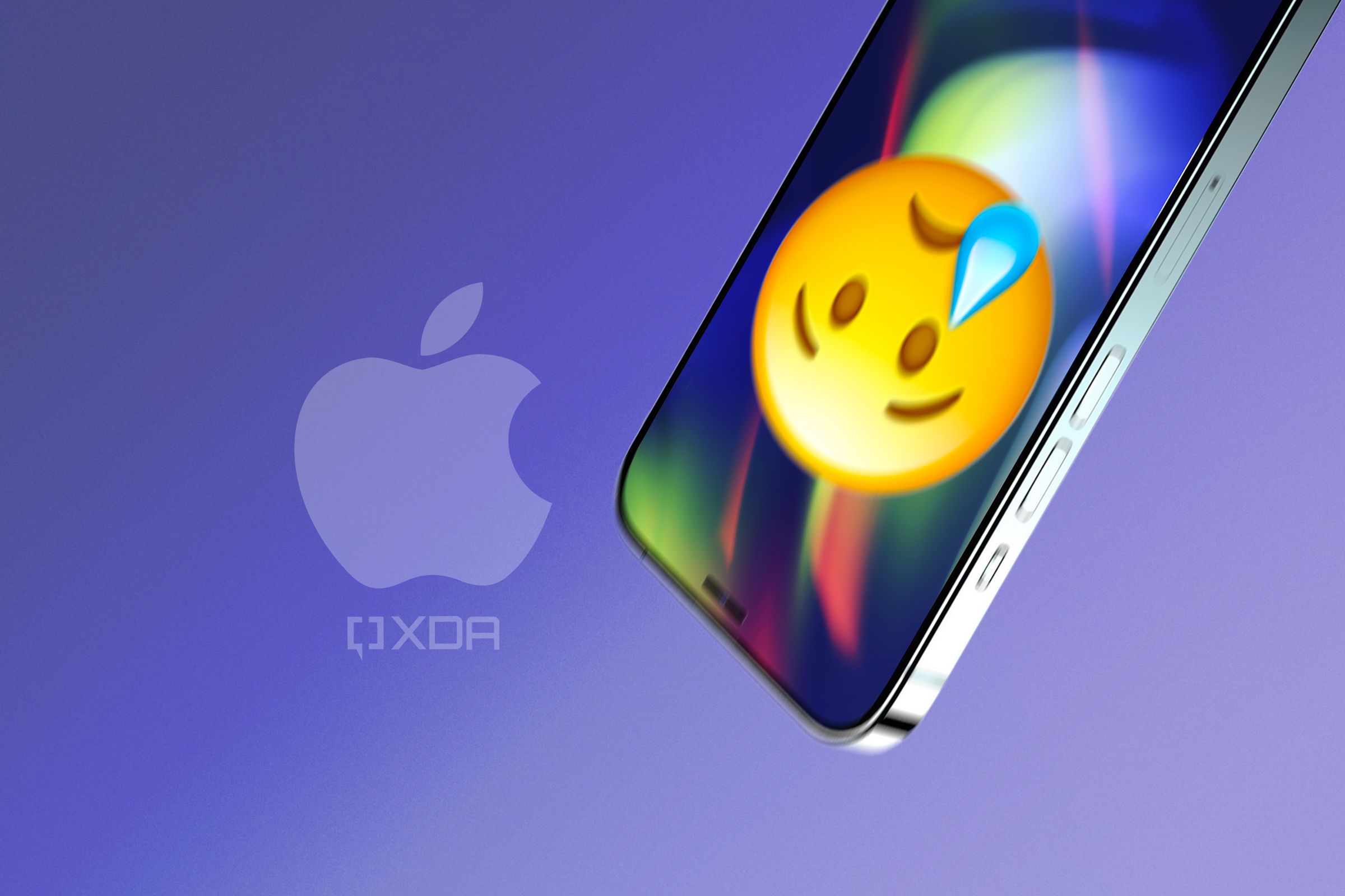 A falling iPhone with a sad face emoji on it next to an Apple logo