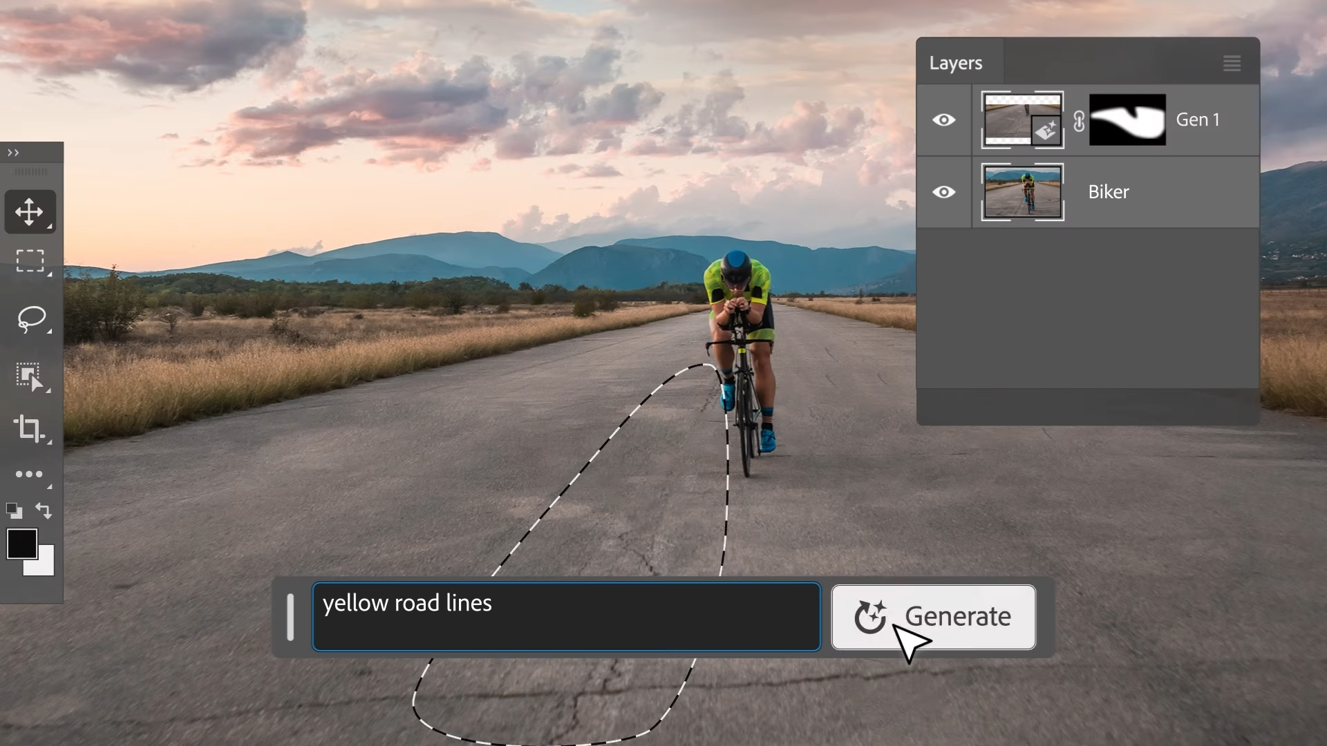 Adobe Photoshop (beta) x Adobe Firefly Generative Fill in use with yellow road lines prompt filling in image