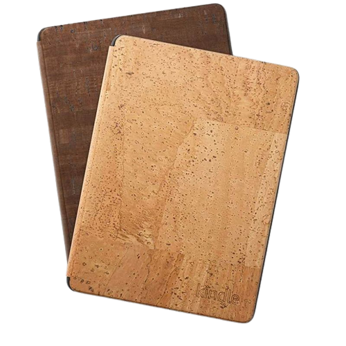 A render of the Amazon cork cover for Kindle Paperwhite in tan and brown color stacked together.