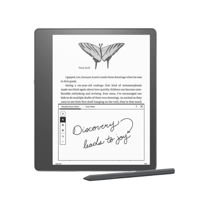 Amazon Kindle Scribe with stylus on transparent background.