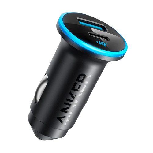 A render showing the Anker 323 compact car charger in black color with blue-colored rim light.