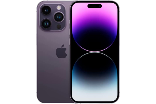 A render showing the front and back of an Apple iPhone 14 Pro in Deep Purple.