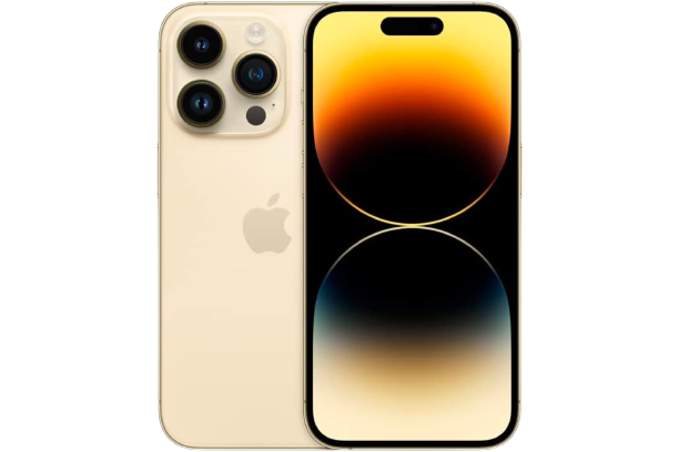 A render showing the front and back of the Apple iPhone 14 Pro in Gold color.