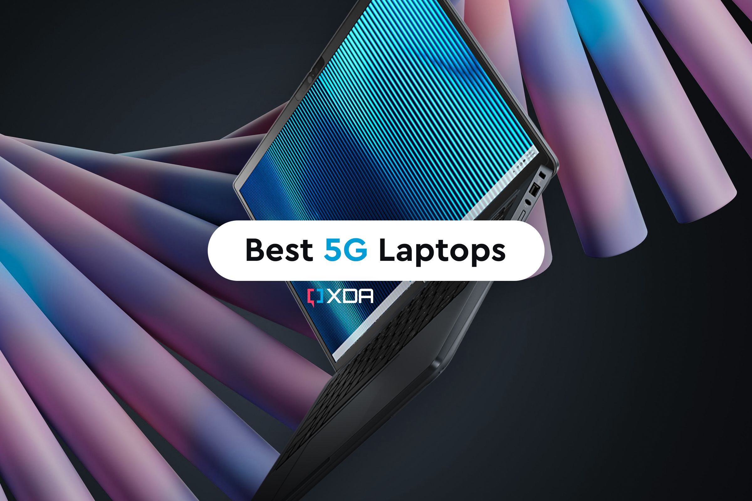Text reading Best 5G Laptops over a picture of a laptop with purple and blue designs in the background