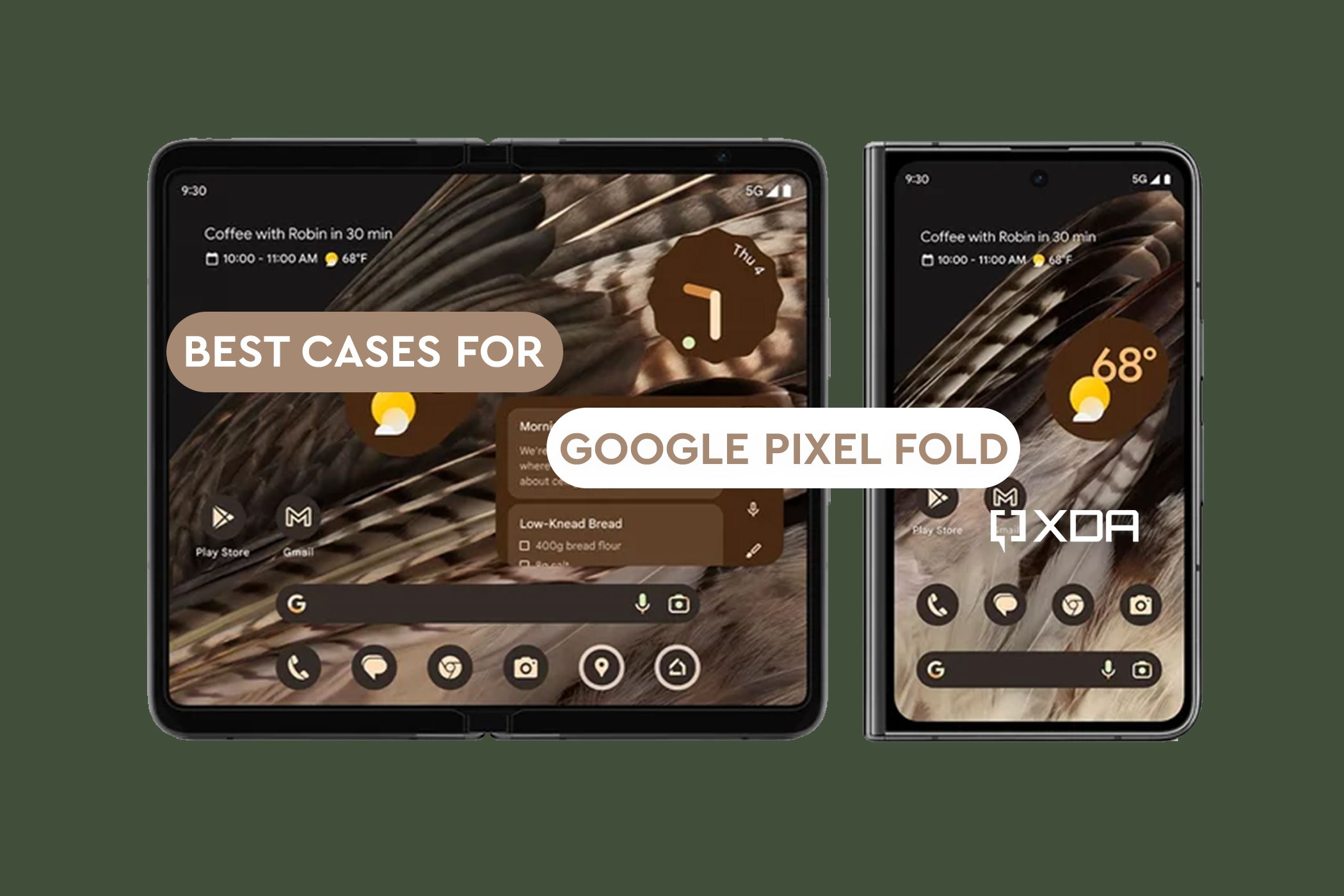 Google Pixel Fold on green background with Best Cases for Google Pixel Fold and XDA logo in the foreground.