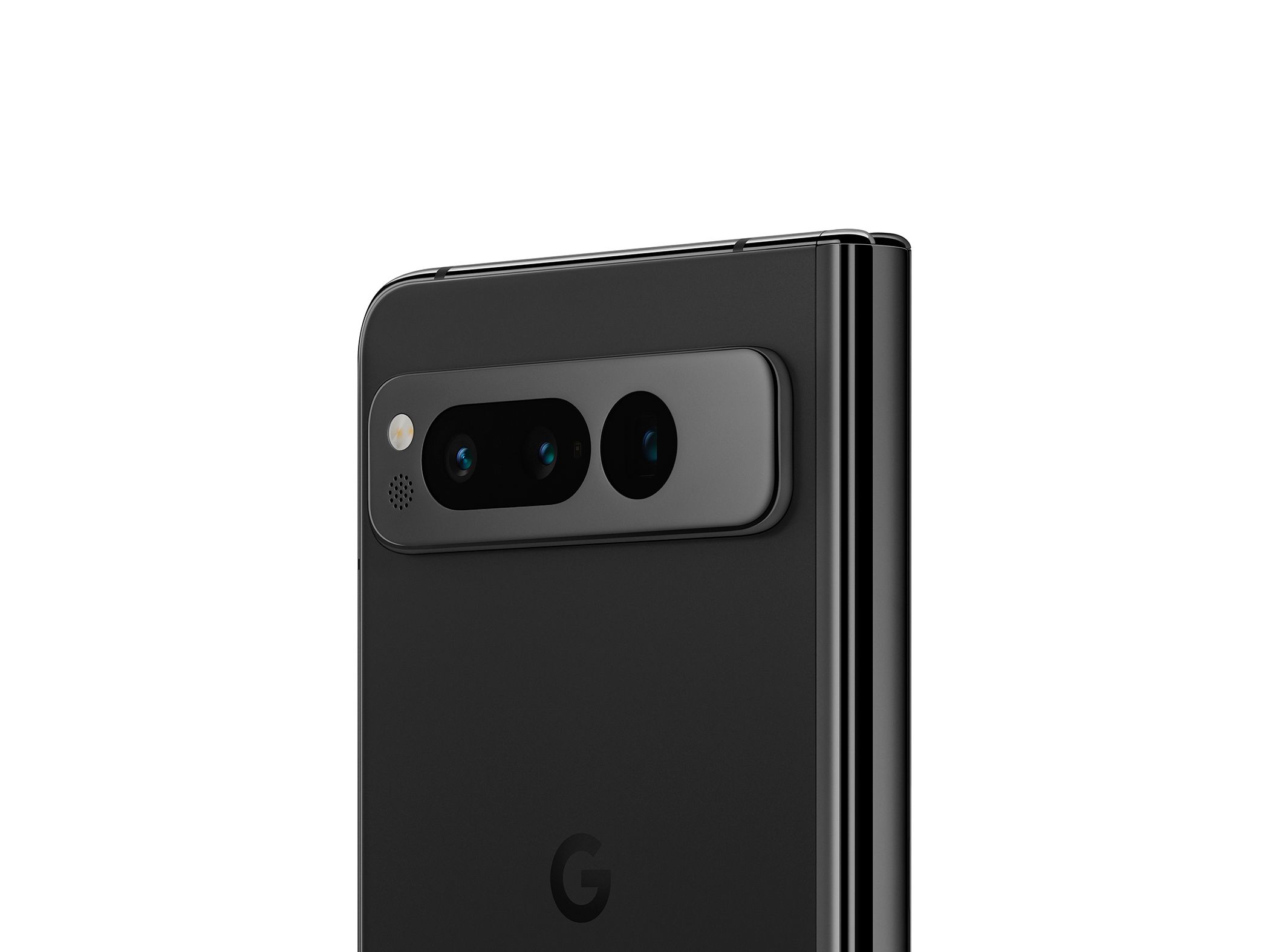 Close up image of the camera visor on the Obsidian Google Pixel Fold on white background.