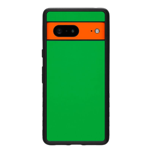 A render of the dbrand grip case for pixel 7 with green and tan colored skins on it.