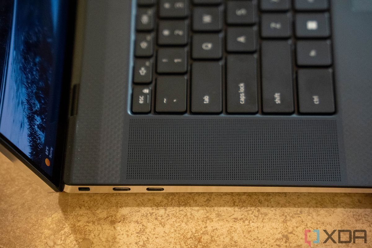 Close-up view of the speaker grille and keyboard on the Dell XPS 17
