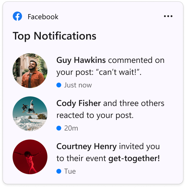Screenshot of the Facebook widget on Windows 11 showing multiple notifications
