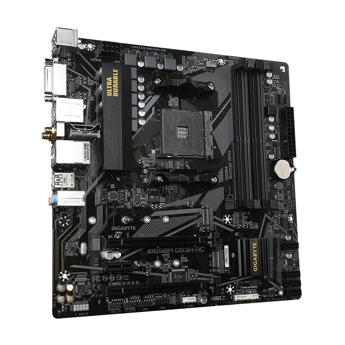 Gigabyte B550M DS3H AC motherboard render at an angle