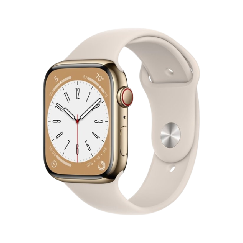 Gold Apple Watch Series 8 with cream band on transparent background.