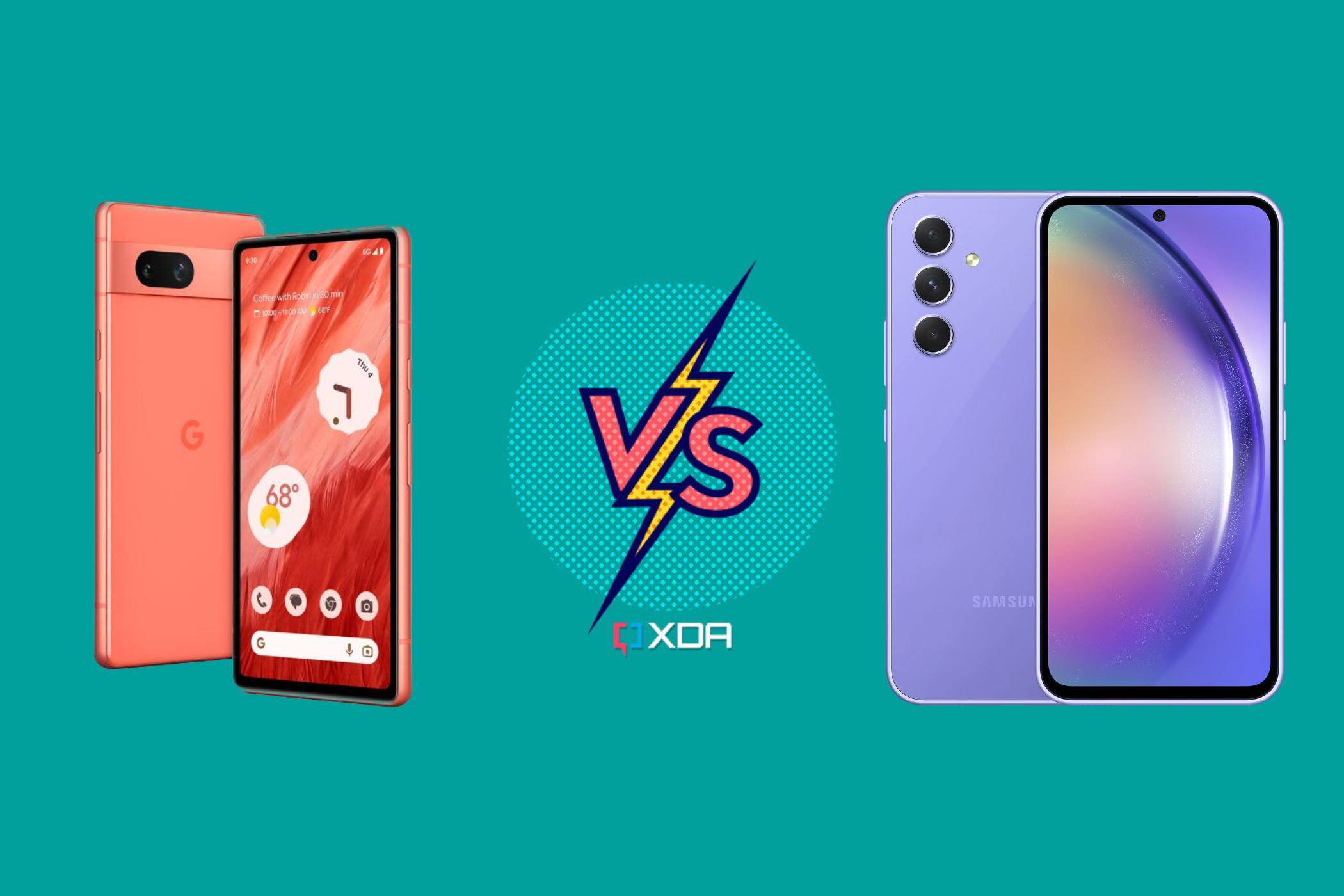 An image showing the Google Pixel 7a in Coral and Samsung Galaxy A54 5G in Violet with a 'VS' illustration in the middle.