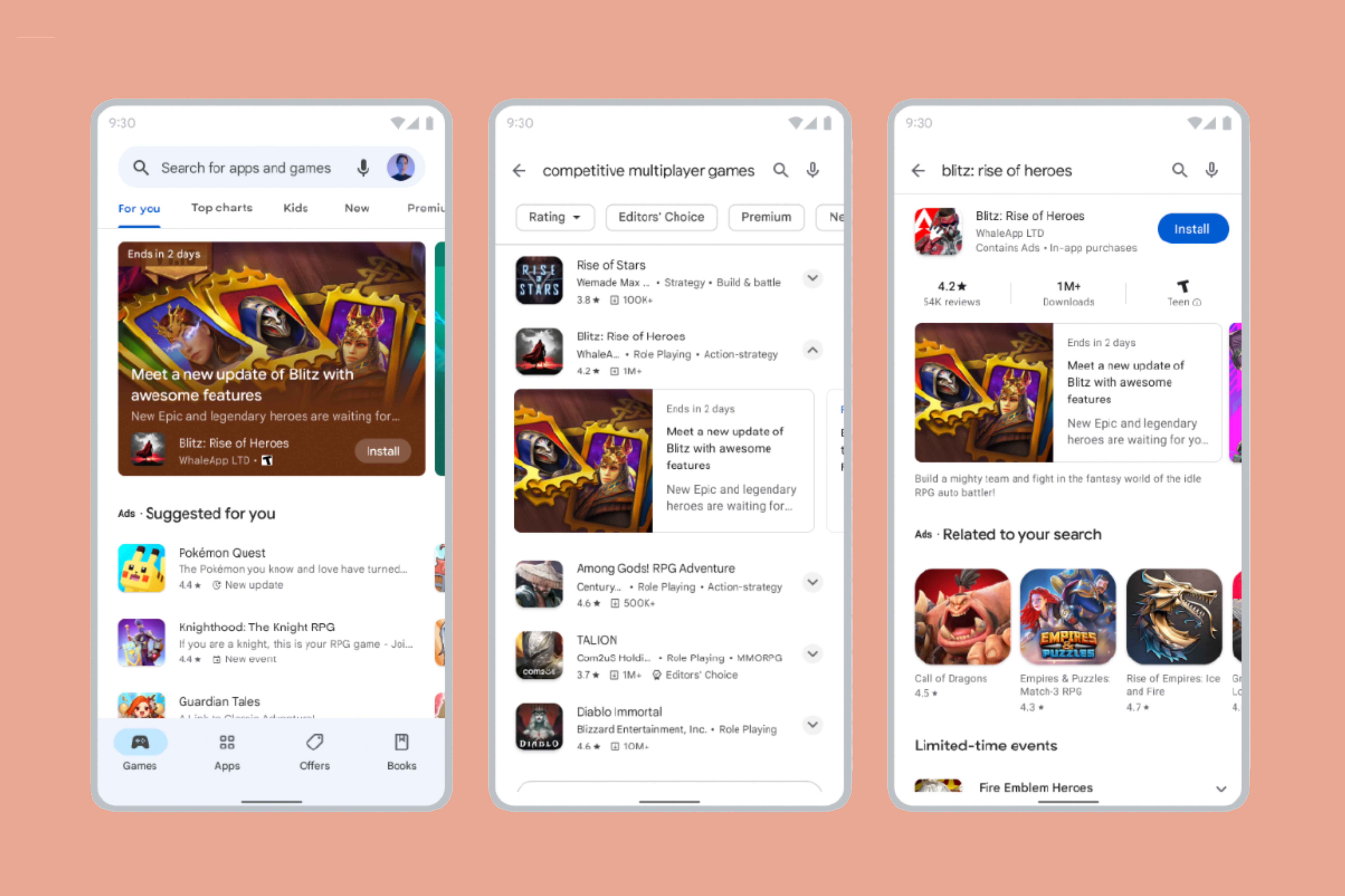 Screenshots of the Google Play Store updates unveiled at I/O 2023.