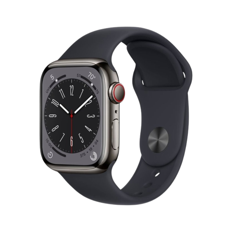 Graphite Apple Watch Series 8 with black band on transparent background.