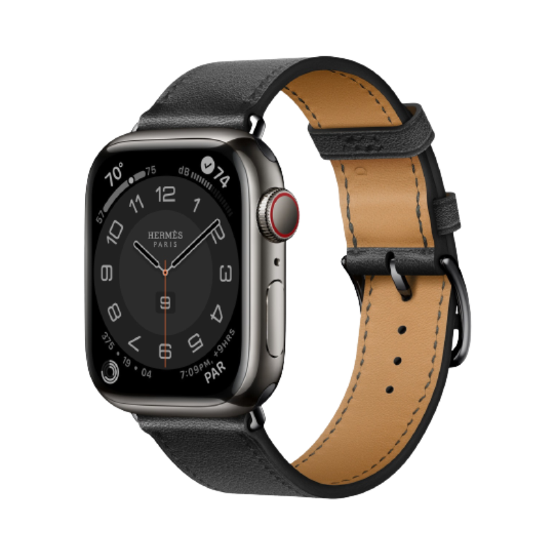 Hermes Space Black Apple Watch Series 8 with black leather strap on transparent background.