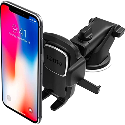 A render of the iOttier Easy One Touch 4 car mount shown holding an iPhone X.