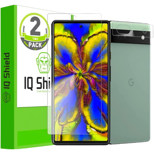 A render showing the retail packaging of the IQShield film protector next to a Google Pixel 6a.
