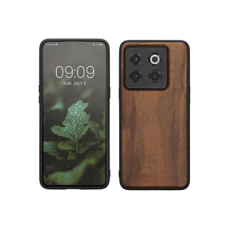 Kwmobile wood case for OnePlus 10T on transparent background.