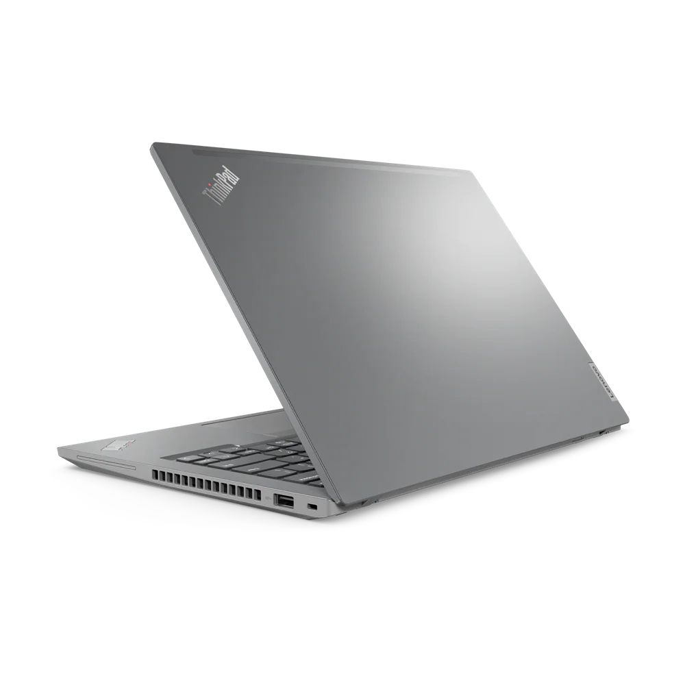 Rear angled view of the Lenovo ThinkPad T14 Gen 3 in Storm Grey facing right