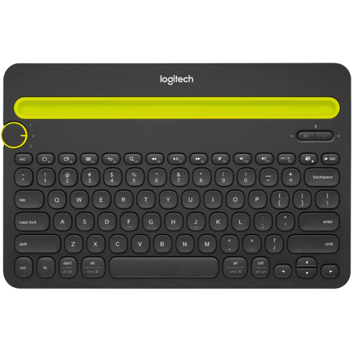 Ein Rendering der kabellosen Logitech K480-Tastatur im zweifarbigen Schwarz-Grün-Finish.