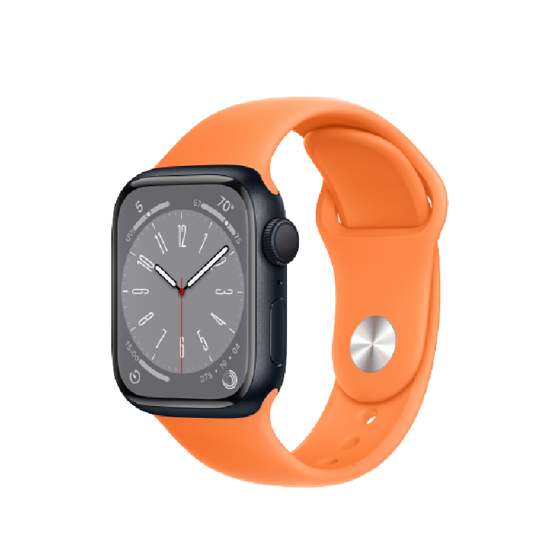 Midnight Apple Watch Series 8 with orange band on transparent background.