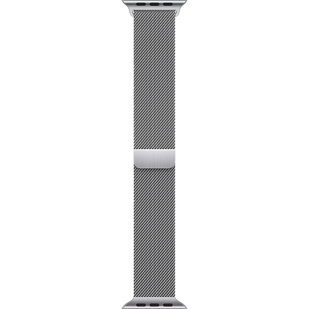 The Milanese Loop 45mm Apple Watch band in silver.