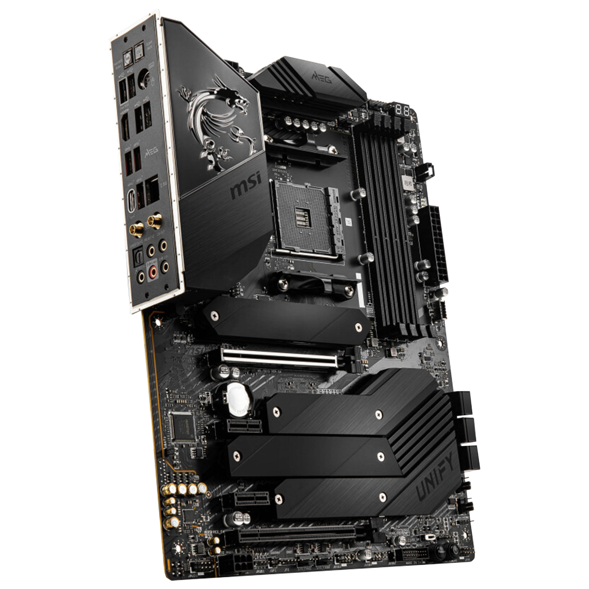 MSI MEG B550 Unify render presented on an off angle to reveal the IO