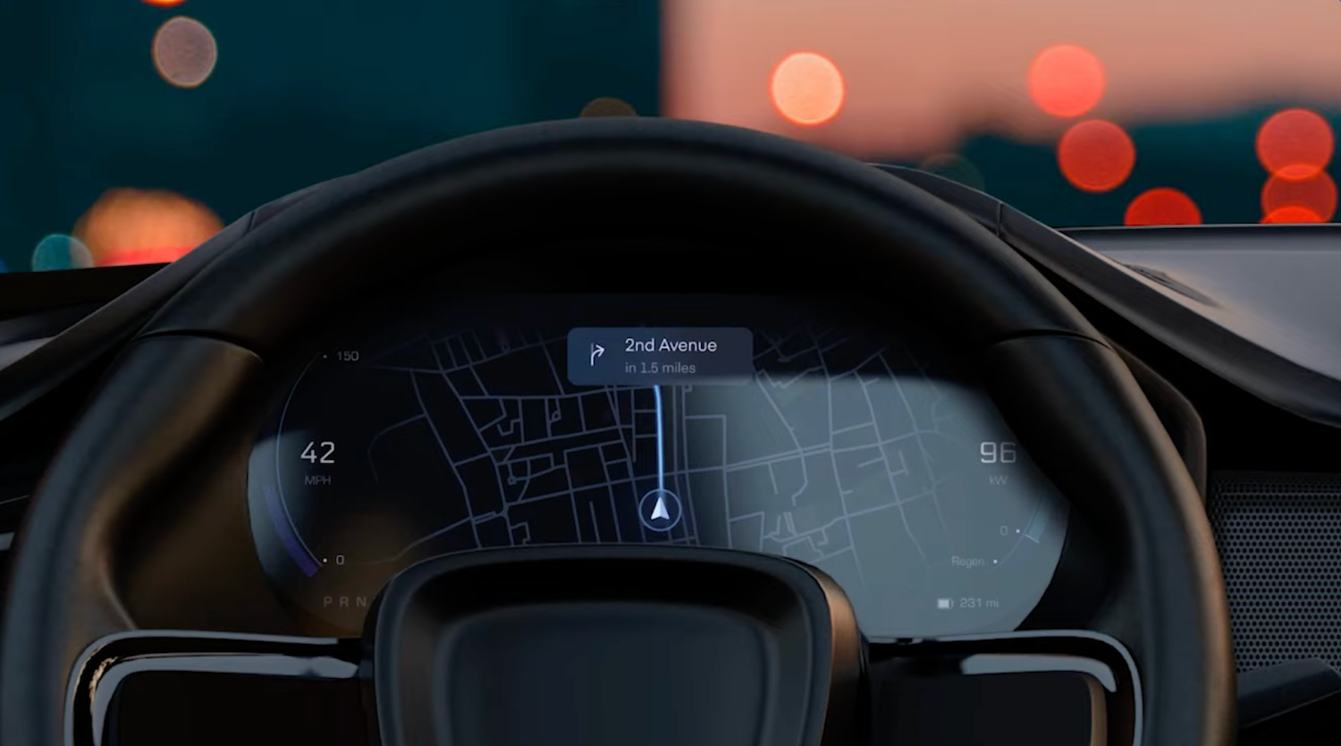 An image showing a navigation app running on instrument cluster of a car.