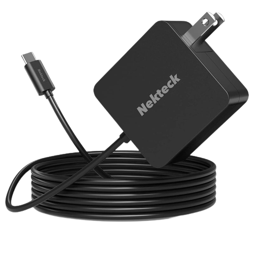 A render showing the Nekteck 45W charger in black-colored with a non-detachable cable.