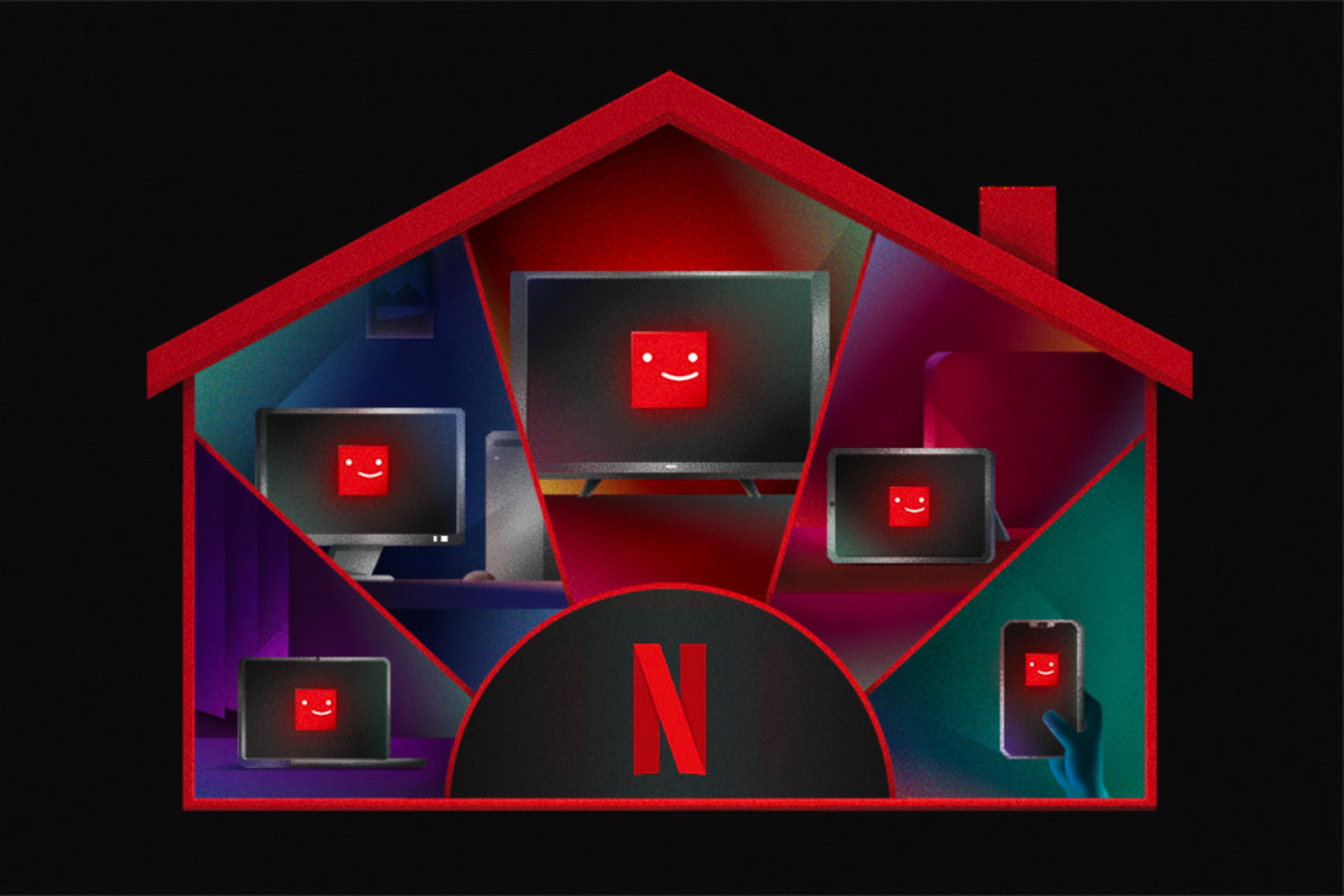 A promotional image showing Netflix's household sharing policy.