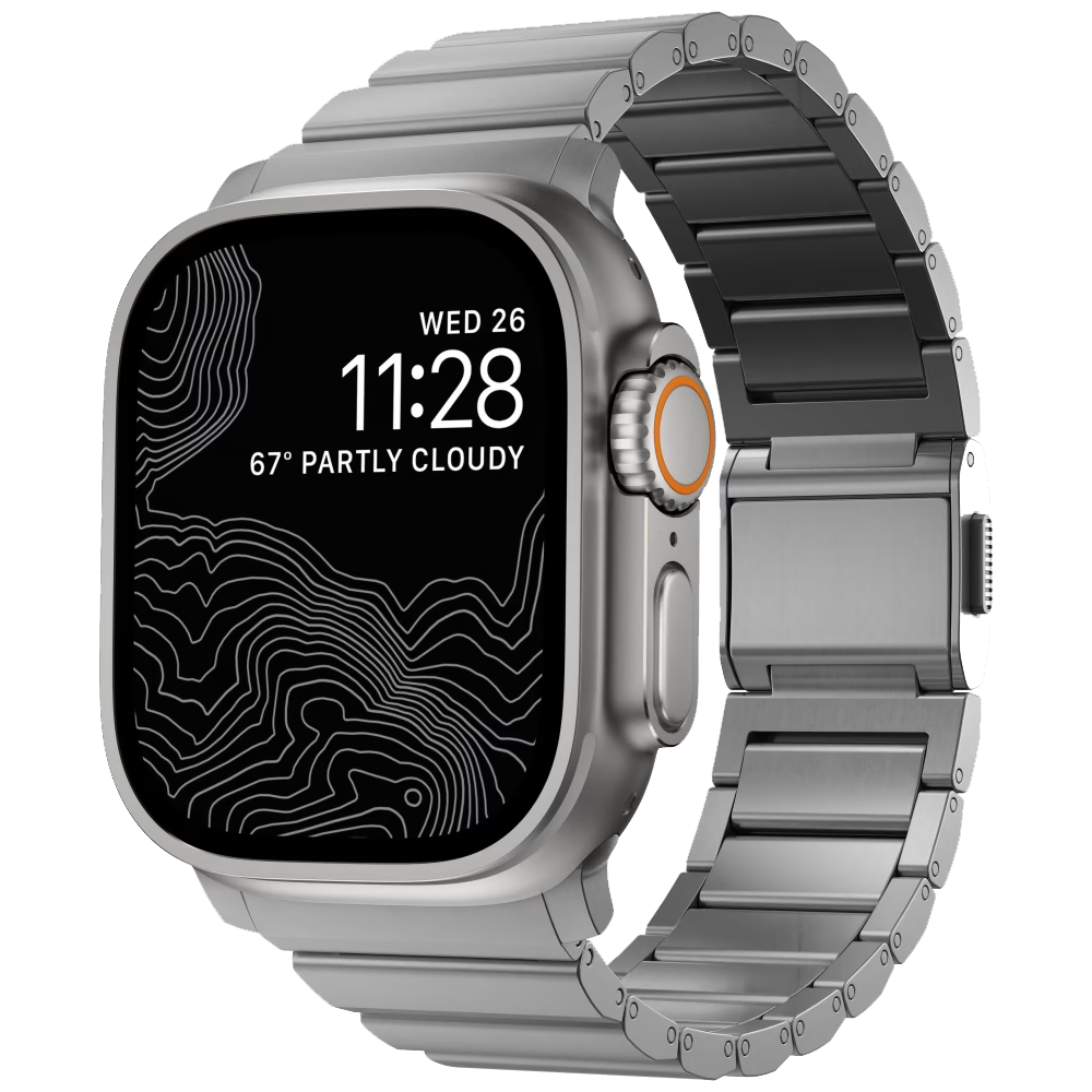 The Nomad Titanium Apple Watch Ultra band in silver.