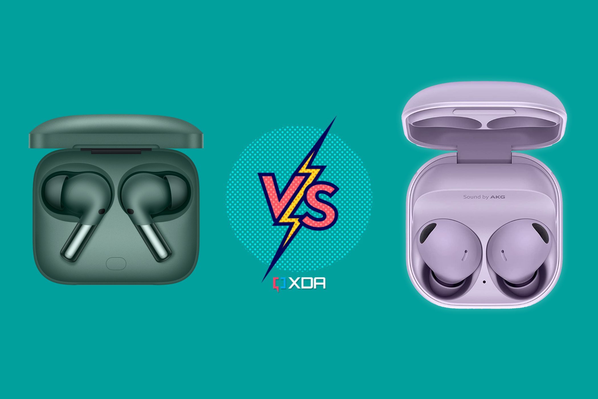 An image showing the OnePlus Buds Pro 2 and Samsung Galaxy Buds 2 Pro earbuds next to each other over a green colored background with the 'vs' illustration between them.