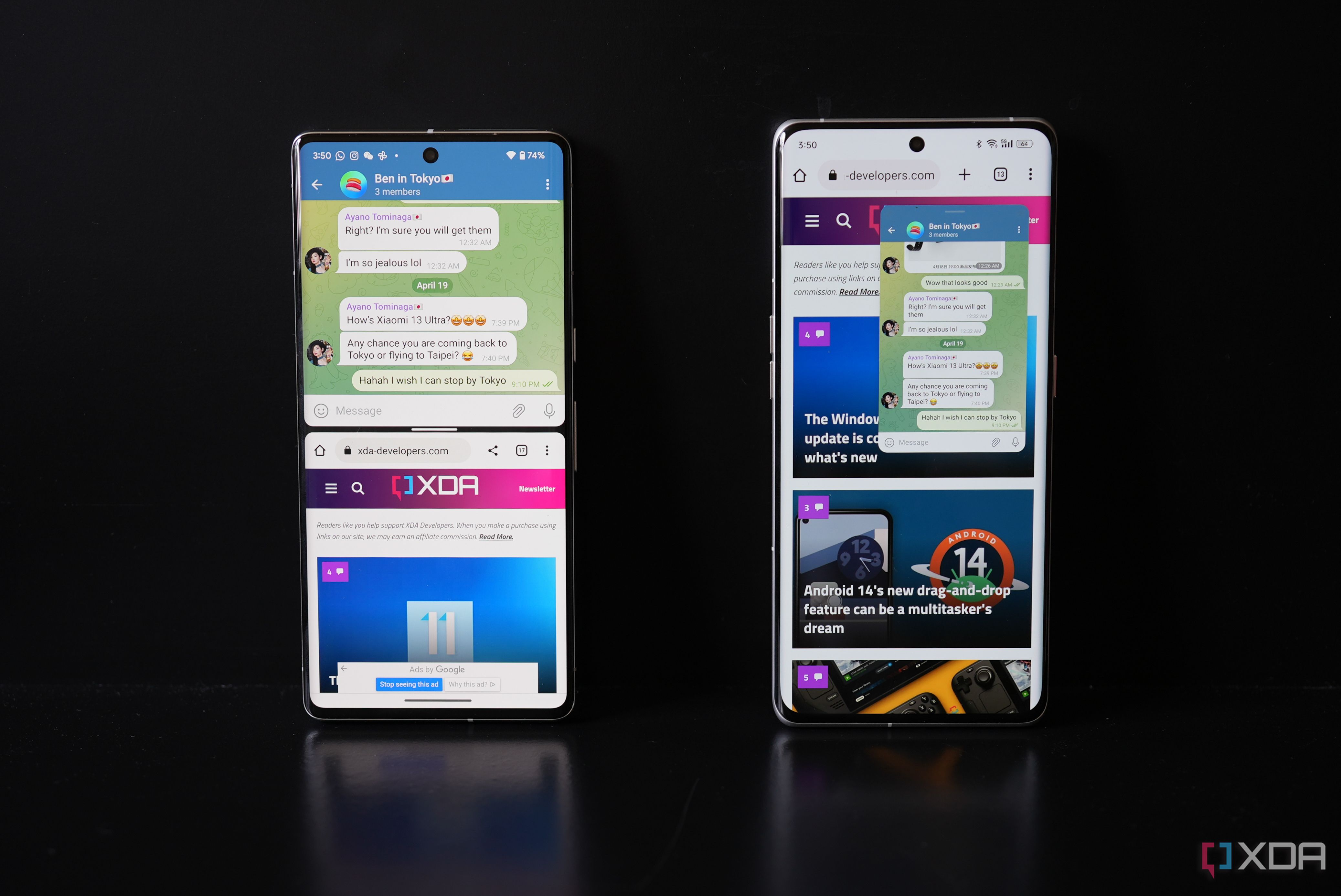 Telegram läuft im Split-Screen-Modus auf dem Pixel 7 Pro und im Floating-Window-Modus auf einem anderen Android