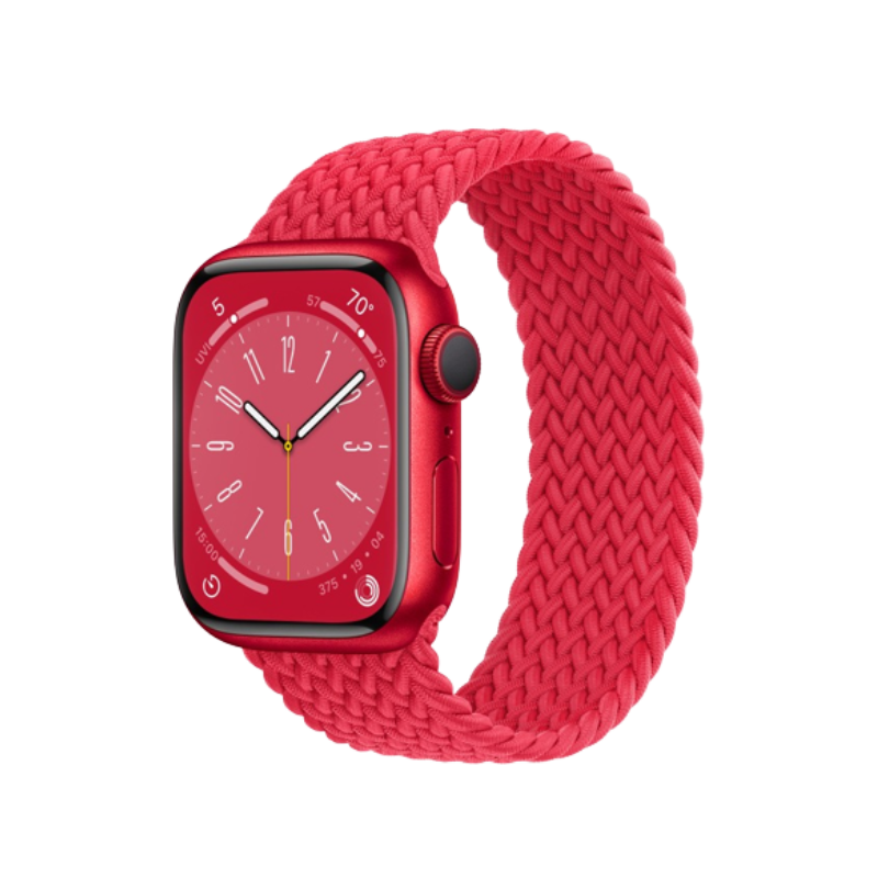 Product Red Apple Watch Series 8 with red band on transparent background.