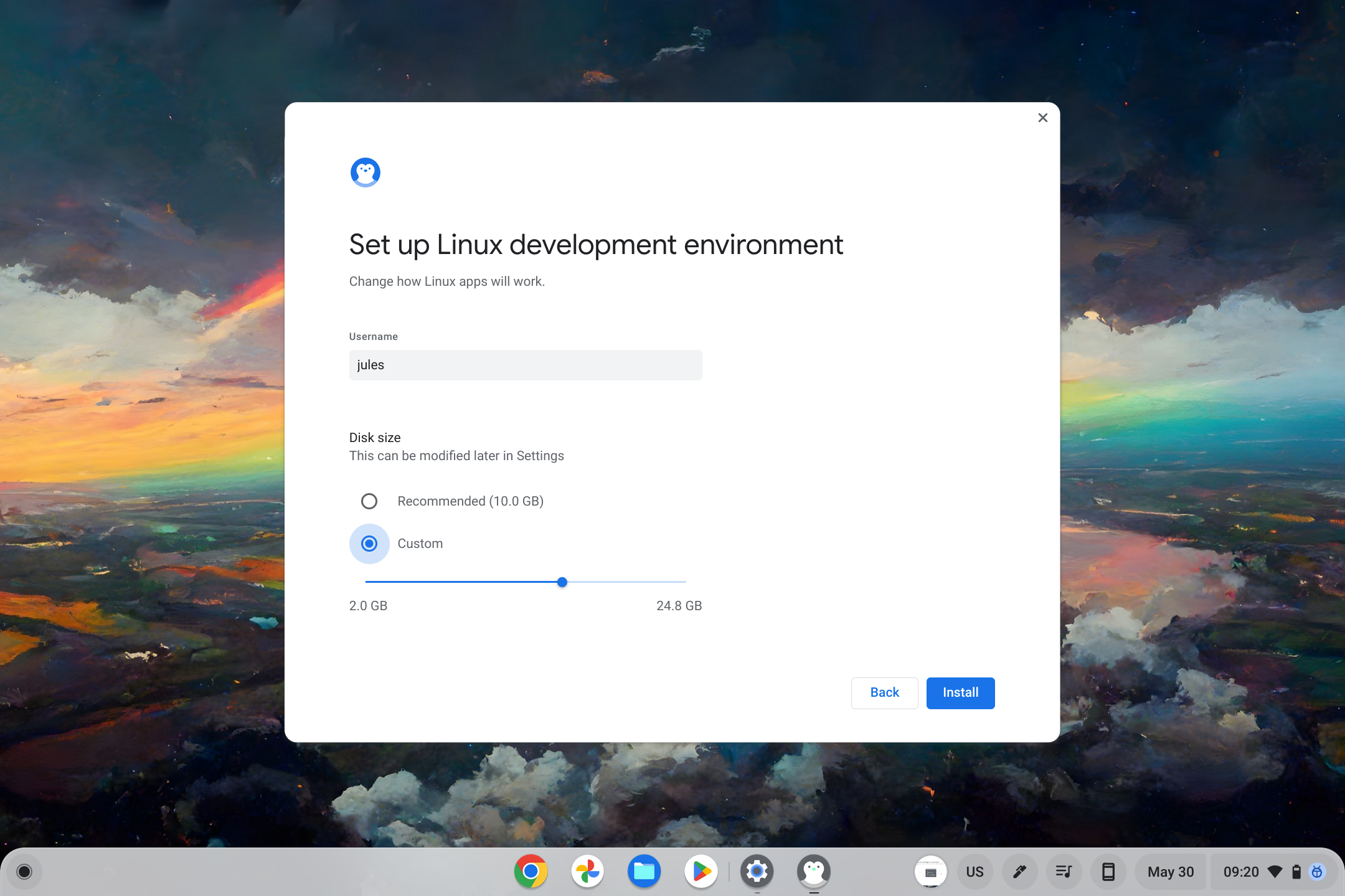 ChromeOS window for setting up a Linux development environment.