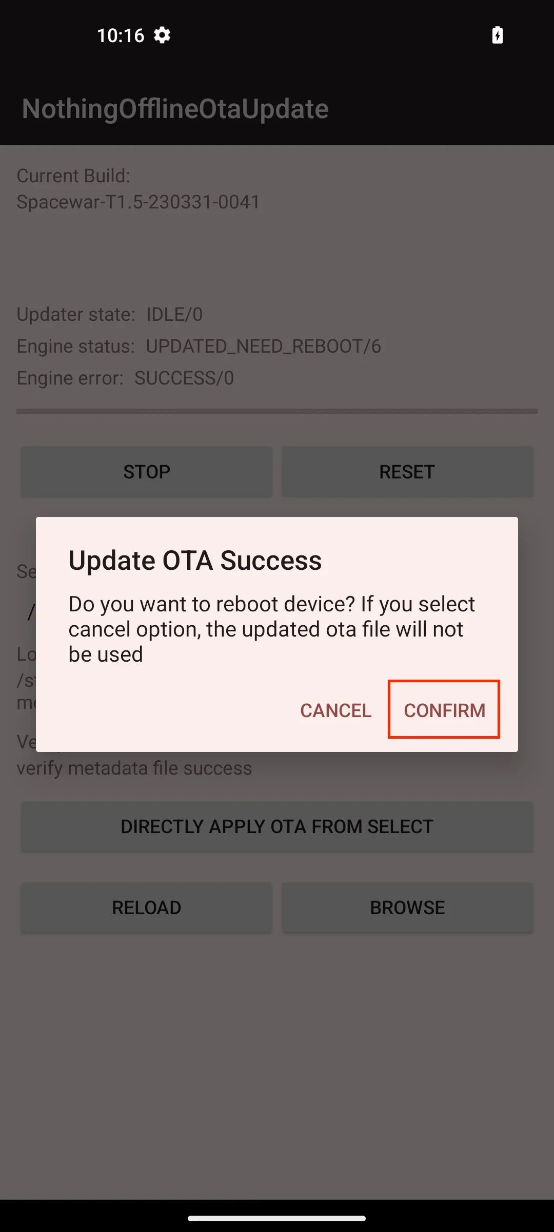 Nothing Phone 1 local update tool showing successful update with confirmation button selected