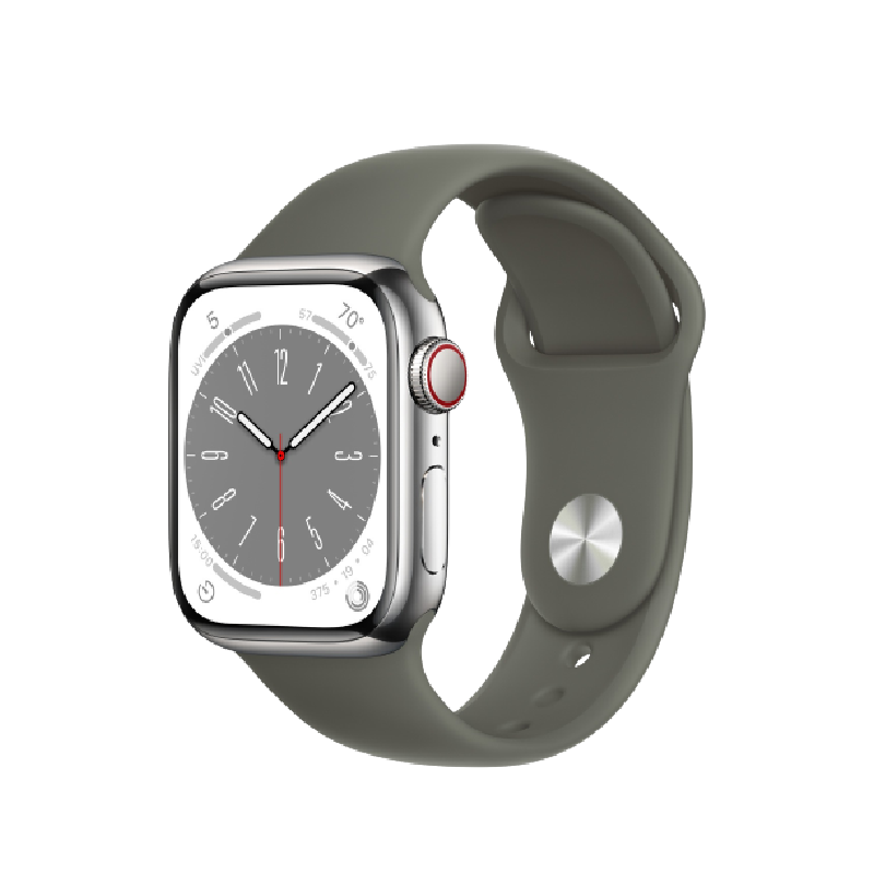 Silver Apple Watch Series 8 with gray band on transparent background.