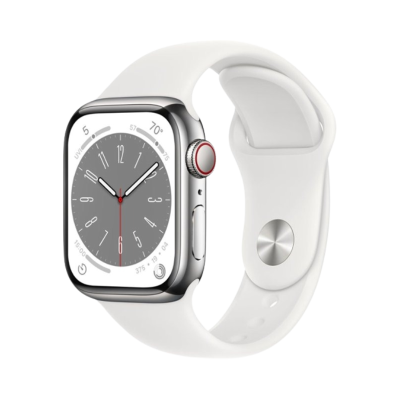 Silver Apple Watch Series 8 with white band on transparent background.